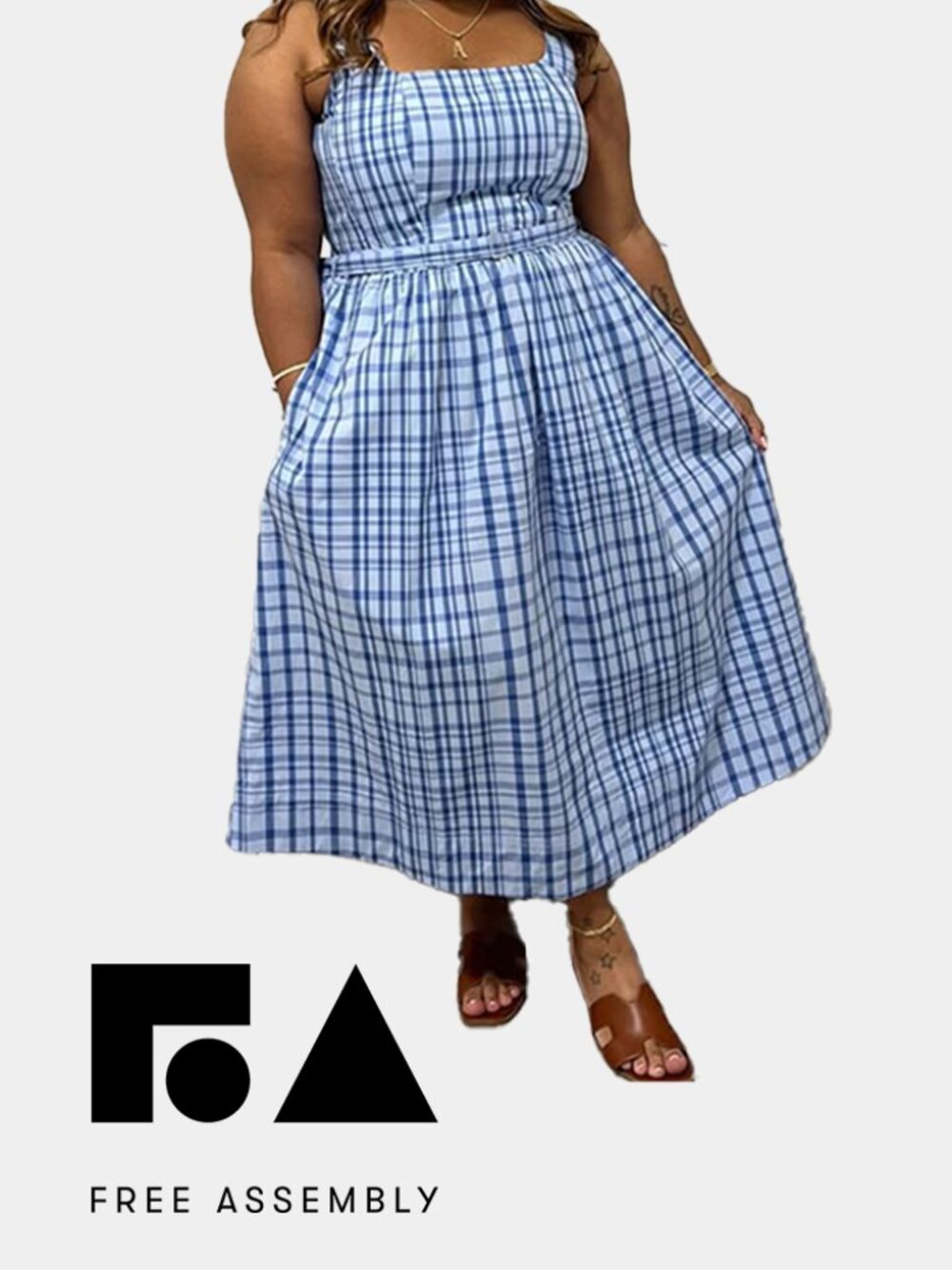 Free Assembly XL Blue Cotton Gingham Sleeveless A-Line Midi Dress Belt + Pockets